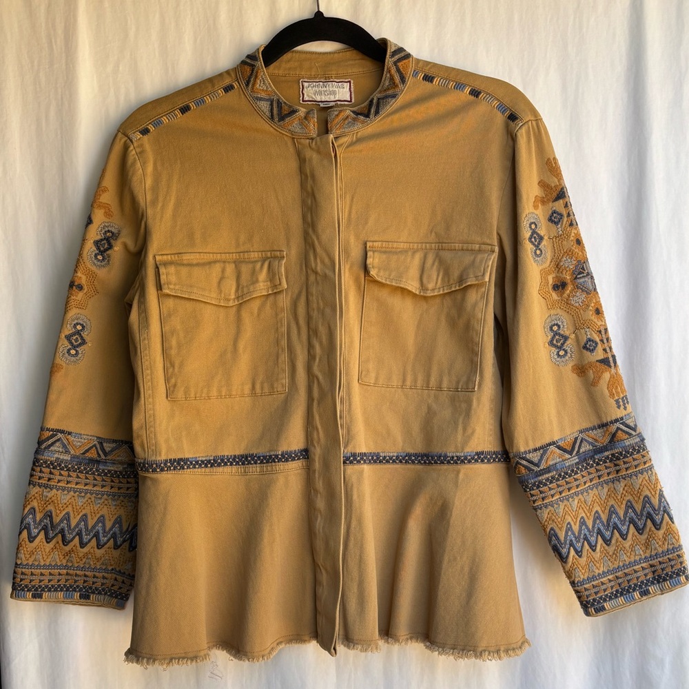 Johnny Was Workshop Golden Khaki Embroidered Peplum Jacket Mandarin Collar XS